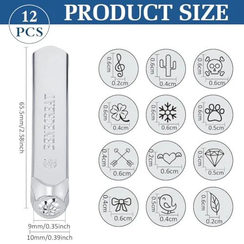BENECREAT 12 Pack (6mm 1/4") Metal Punch Stamp, Nature Theme Design Stamps Metal Stamping Tools Case - Electroplated Hard Carbon Steel Tool to Punch Metal Jewelry Leather Wood — view 2