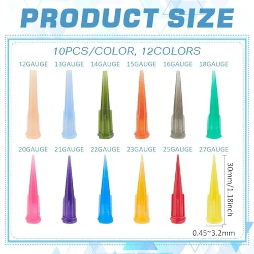 BENECREAT 120Pcs Blunt Plastic Tapered Tip Plastic Dispensing Needle Tips with 12 Mixed Size for Refilling Glue Fluid Precisely (12GA/13GA/14GA/ 15GA/16GA/18GA/ 20GA/21GA/22GA/ 23GA/25GA/27GA) — view 2