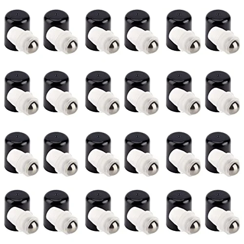 BENECREAT 24Sets Essential Oil Roller Inserts Kit, Stainless Steel Roller Balls and Black Bottle Cap for 5~15ml Essential Oils, Cosmetics Bottle, 9mm inner diameter