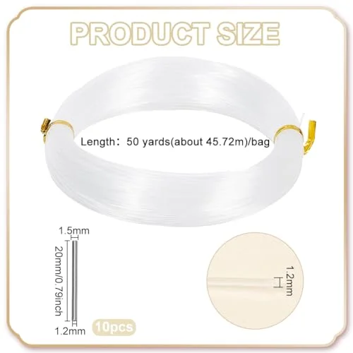 BENECREAT 50 Yards Nylon Memory Wire for Millinery Hat Brims, Transparent Round Soft Corset Bone with Brass Crimp Tube Beads, Hole: 1.2mm — view 2