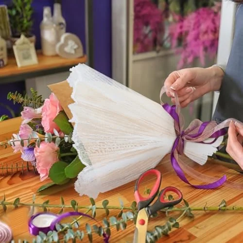 BENECREAT 4.37 Yards White Flower Wrapping Mesh Paper, Pearl Edge Bouquet Packaging Paper Wrinkled Translucent for Party Favor Decor, Florist Supplies Mother's Day Wedding Gift Packaging — view 4