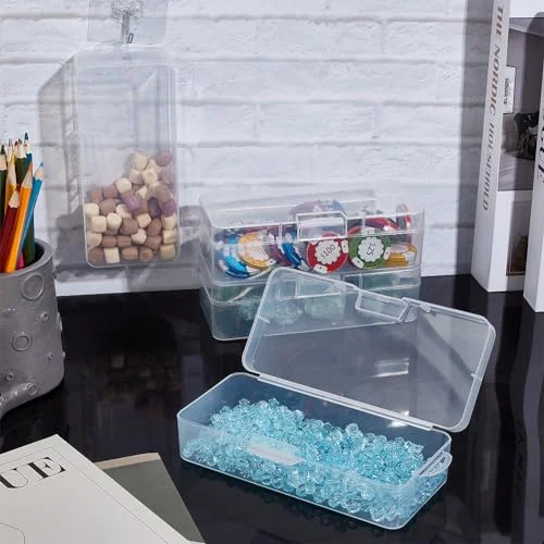 BENECREAT 4 Packs Rectangle Plastic Container Box, 7x3x1.8inch Clear Storage Organizer with Hinged Lid and Hanging Hole for Small Craft Accessories Office Supplies — view 5
